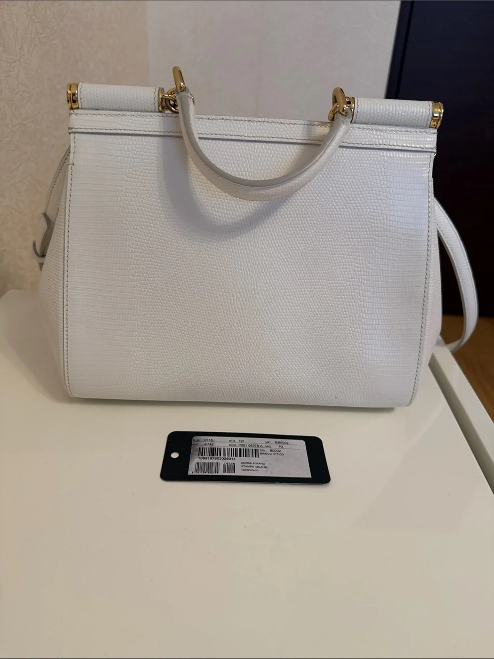 Dolce & Gabbana White Textured Satchel with Jeweled DG Logo